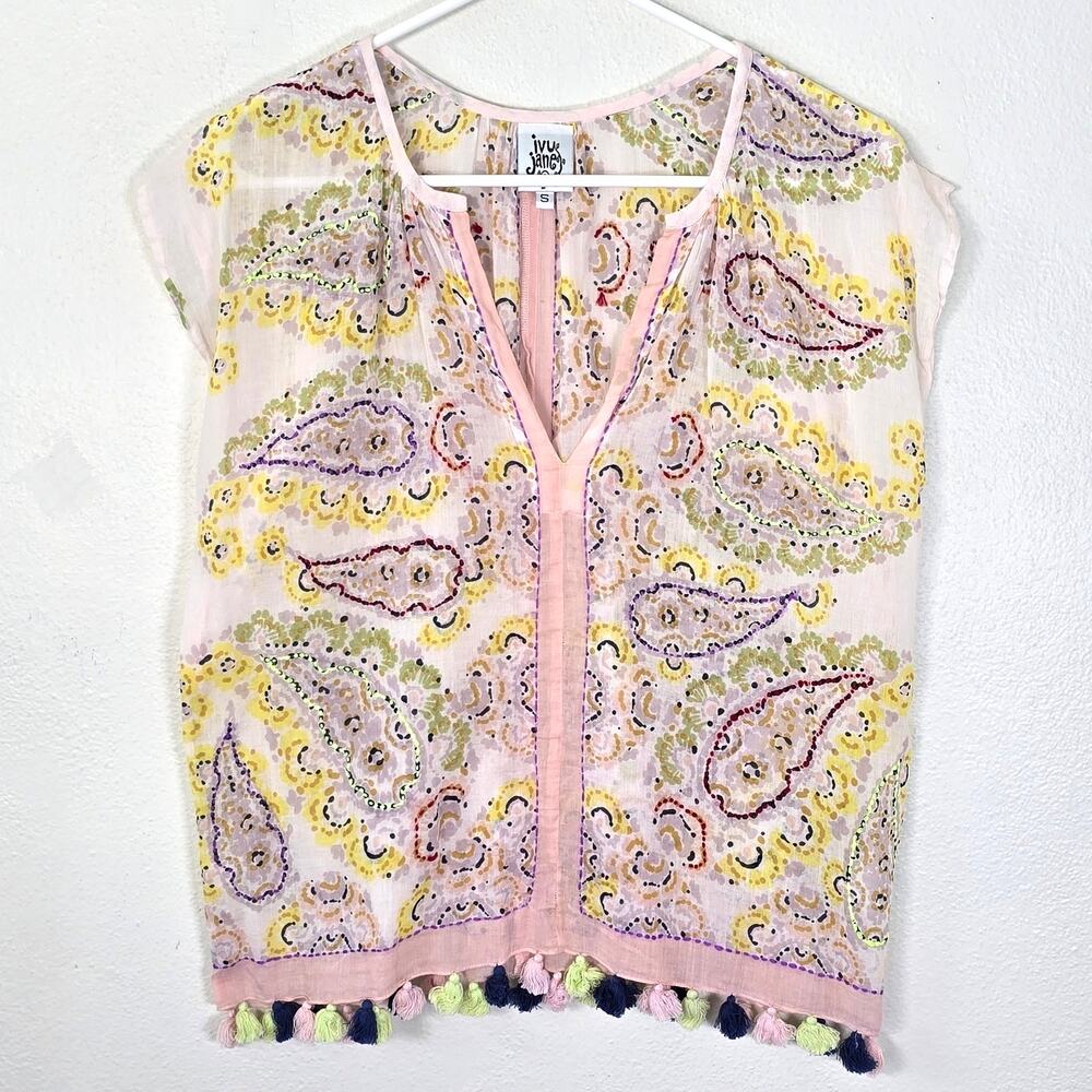 Ivy Jane Blouse Womens S Pink Paisley Sheer Cotton Embroidered Tassel Boho Chic
